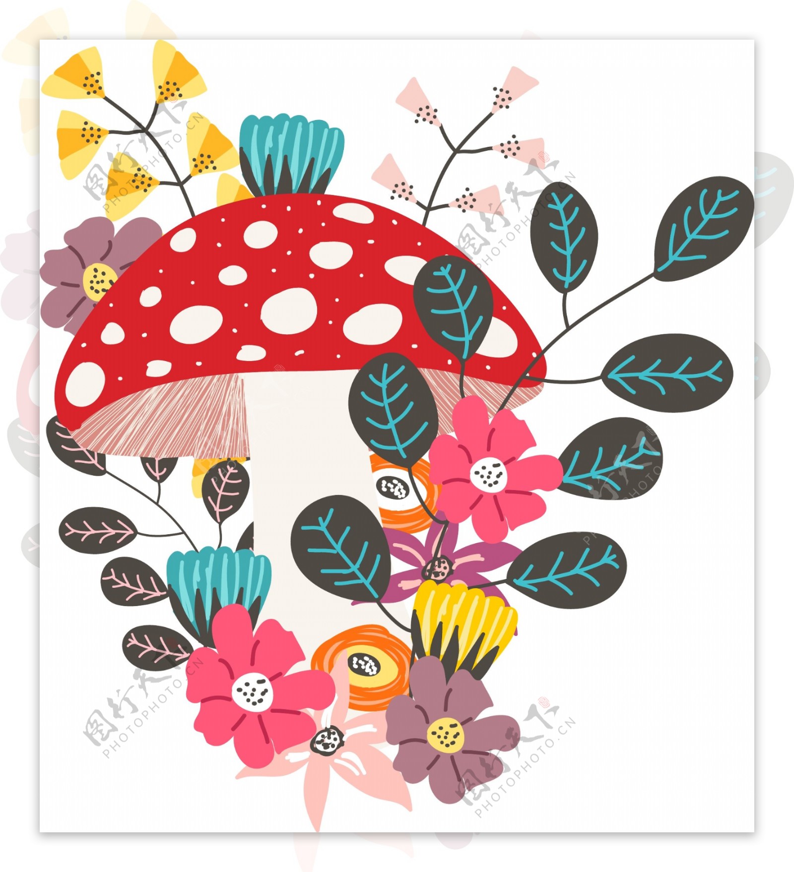手绘蘑菇花朵插画