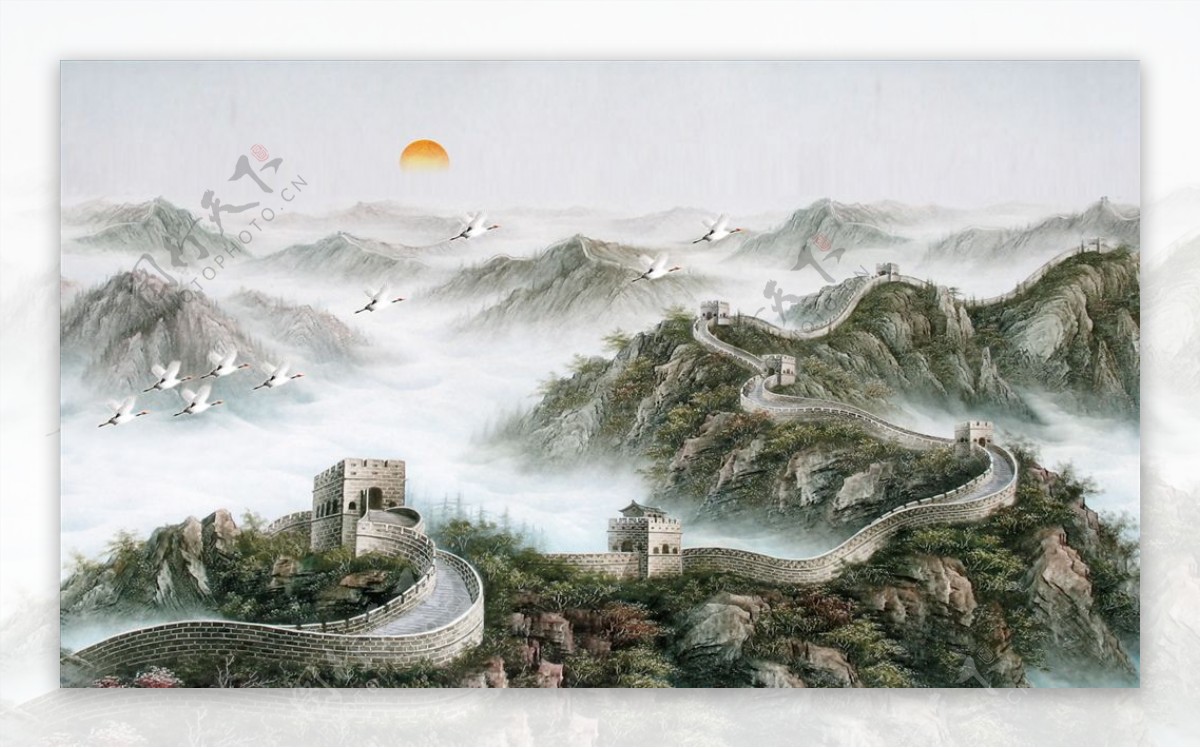 山水画长城中式背景墙