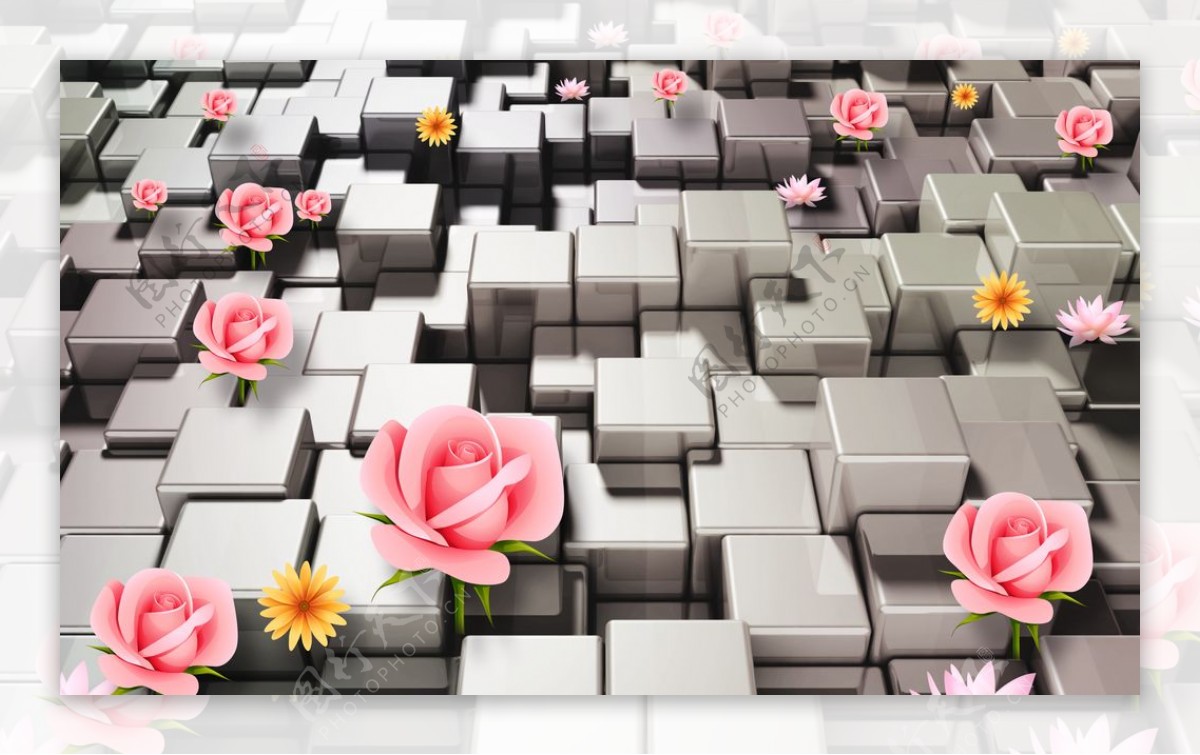 3D5D立体画牡丹玫瑰背景墙