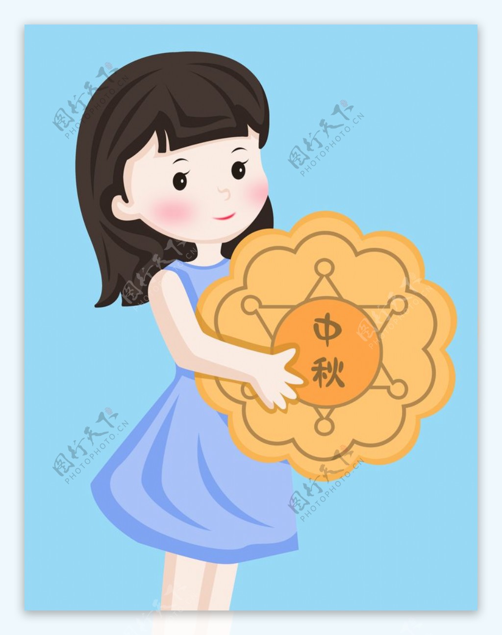 中秋节之手绘卡通女孩抱着大月饼