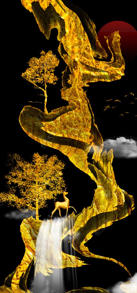 抽象烁金麋鹿艺术金山银水装饰画图片