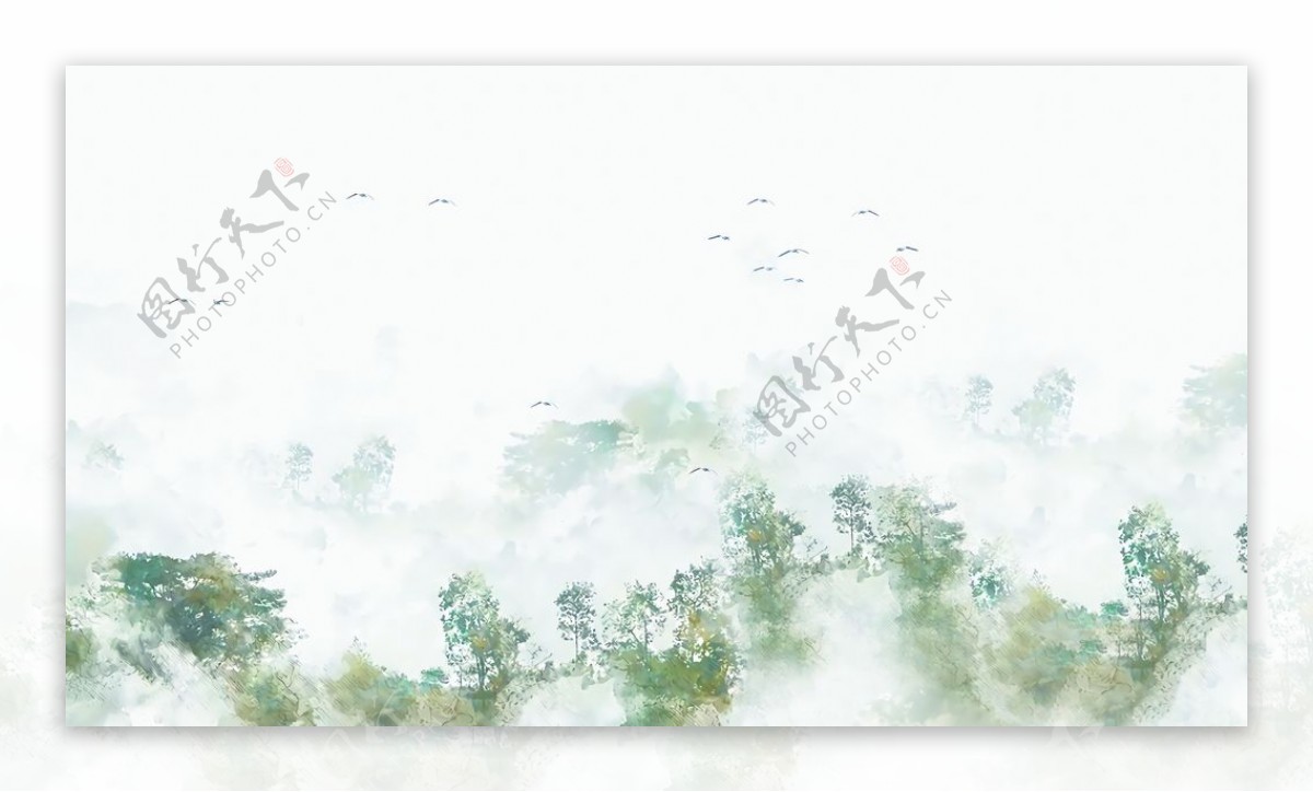 雾中山林飘渺仙境装饰画图片