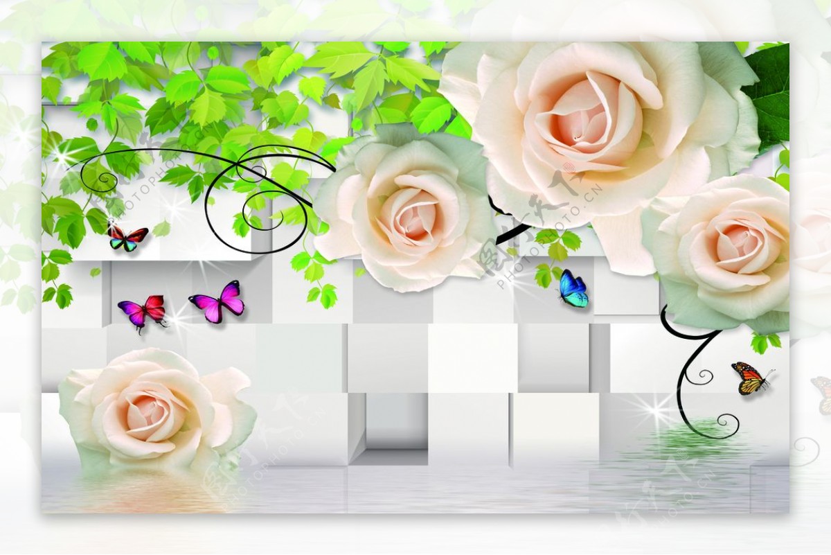 3D玫瑰花藤电视背景墙图片
