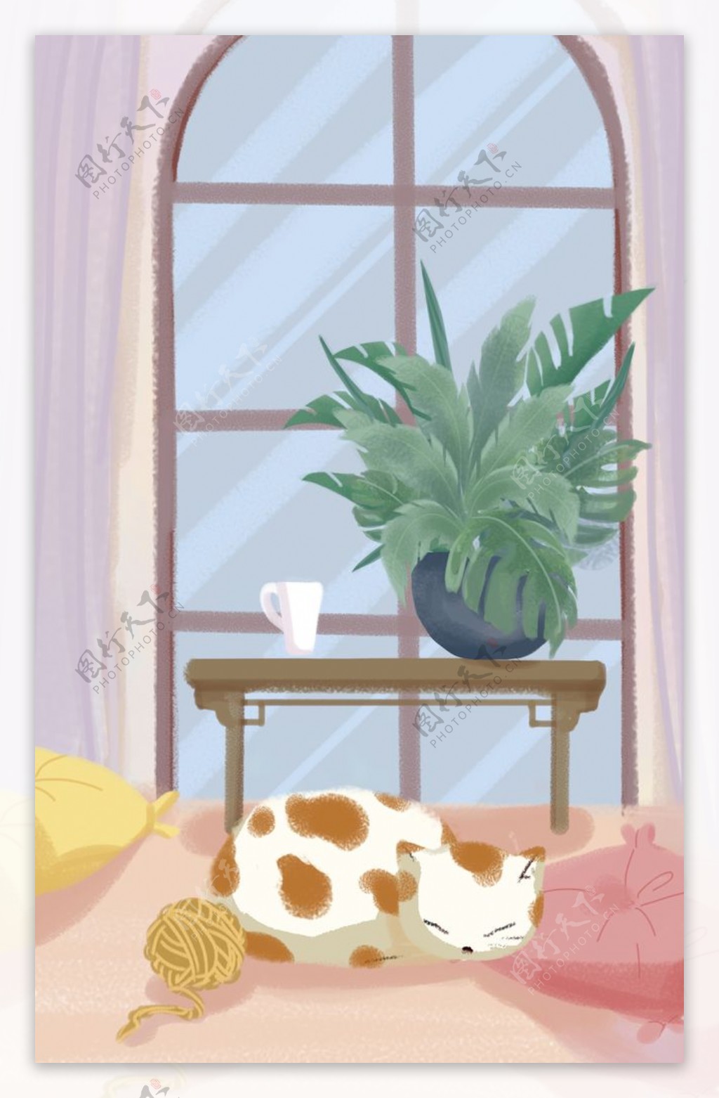 房间窗台猫咪插画卡通海报素材图片