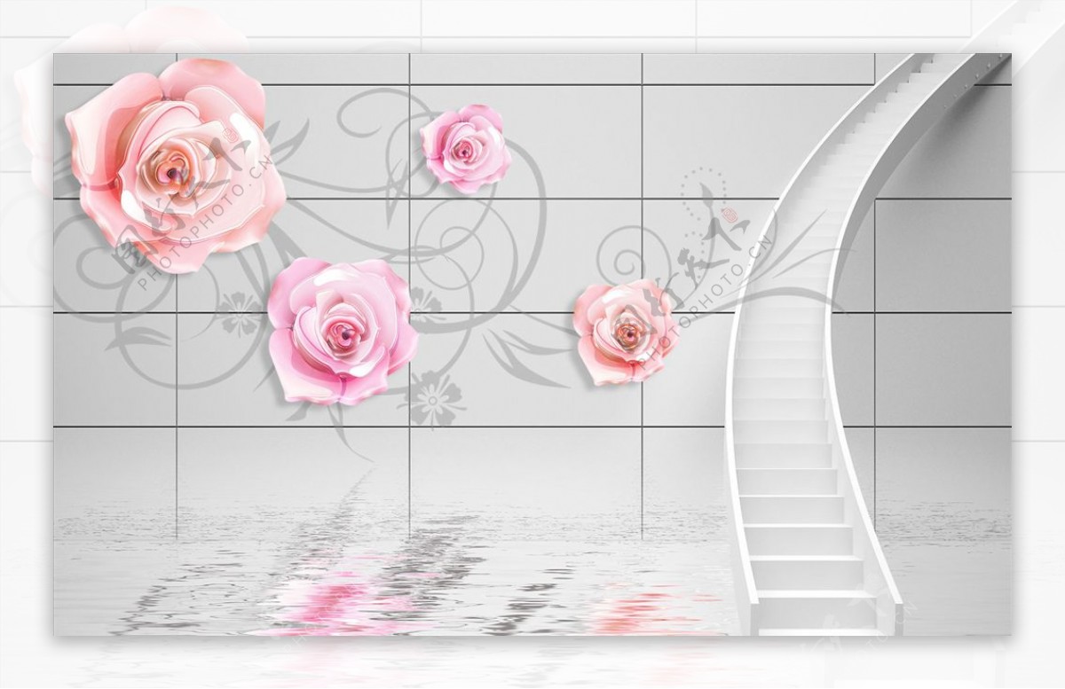 玫瑰花藤水波纹背景墙图片