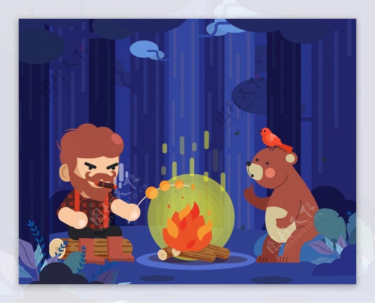 烤火的男子和棕熊图片