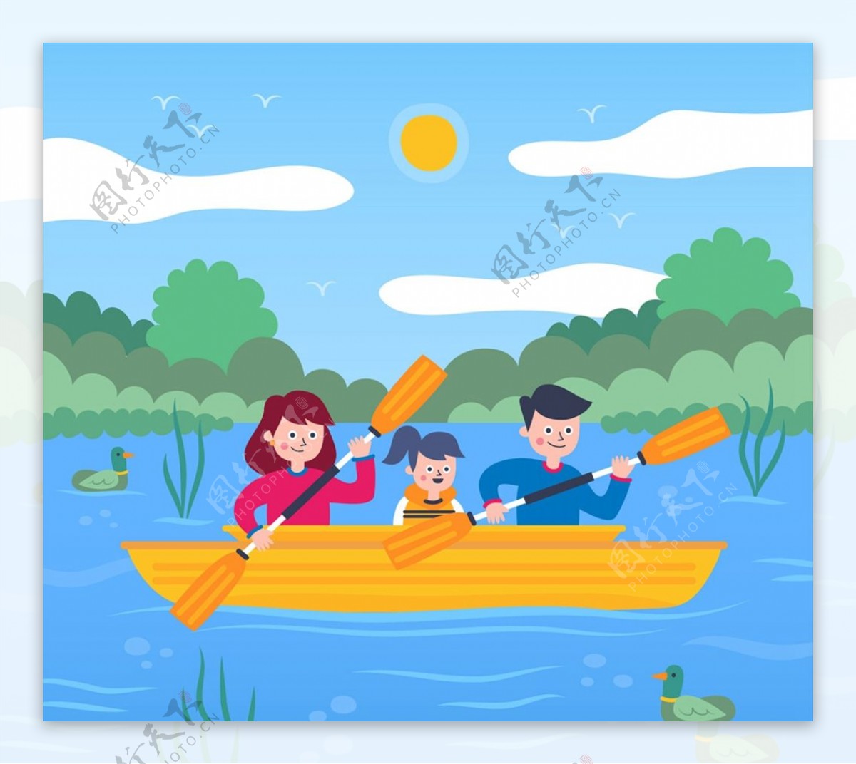 划船的三口之家图片
