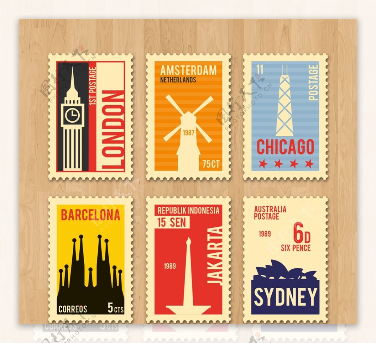 复古旅游城市邮票图片