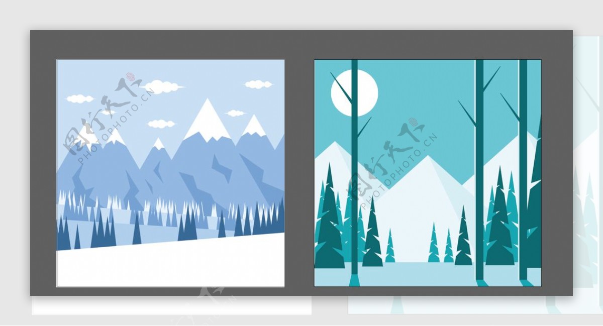雪山树林插画图片