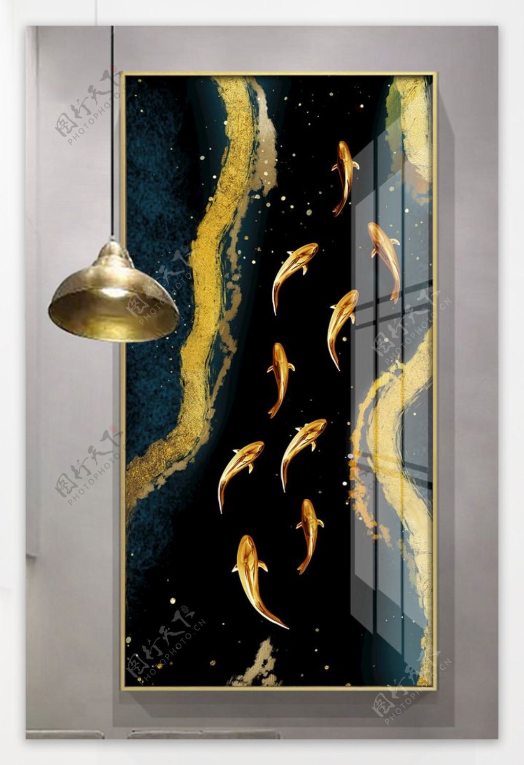 新中式九鱼金箔创意装饰画玄关图片
