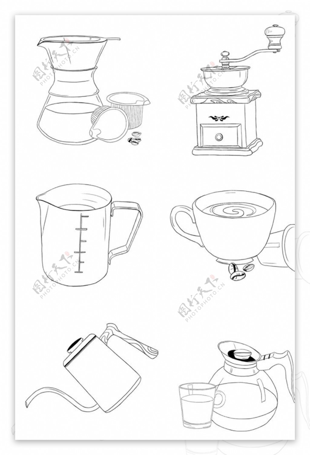 手绘咖啡厅手冲壶磨豆器图标图片
