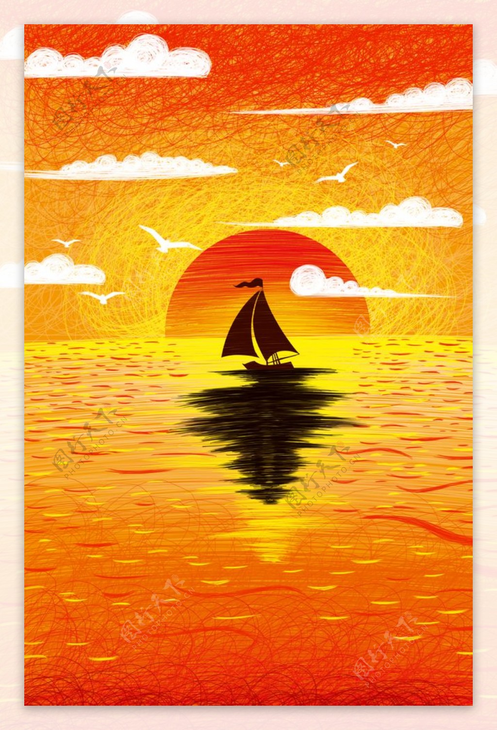 夕阳日落帆船插画卡通背景素材图片