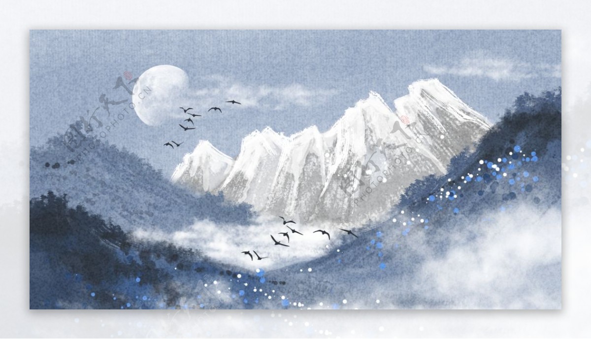 山水复古水墨水彩背景海报素材图片