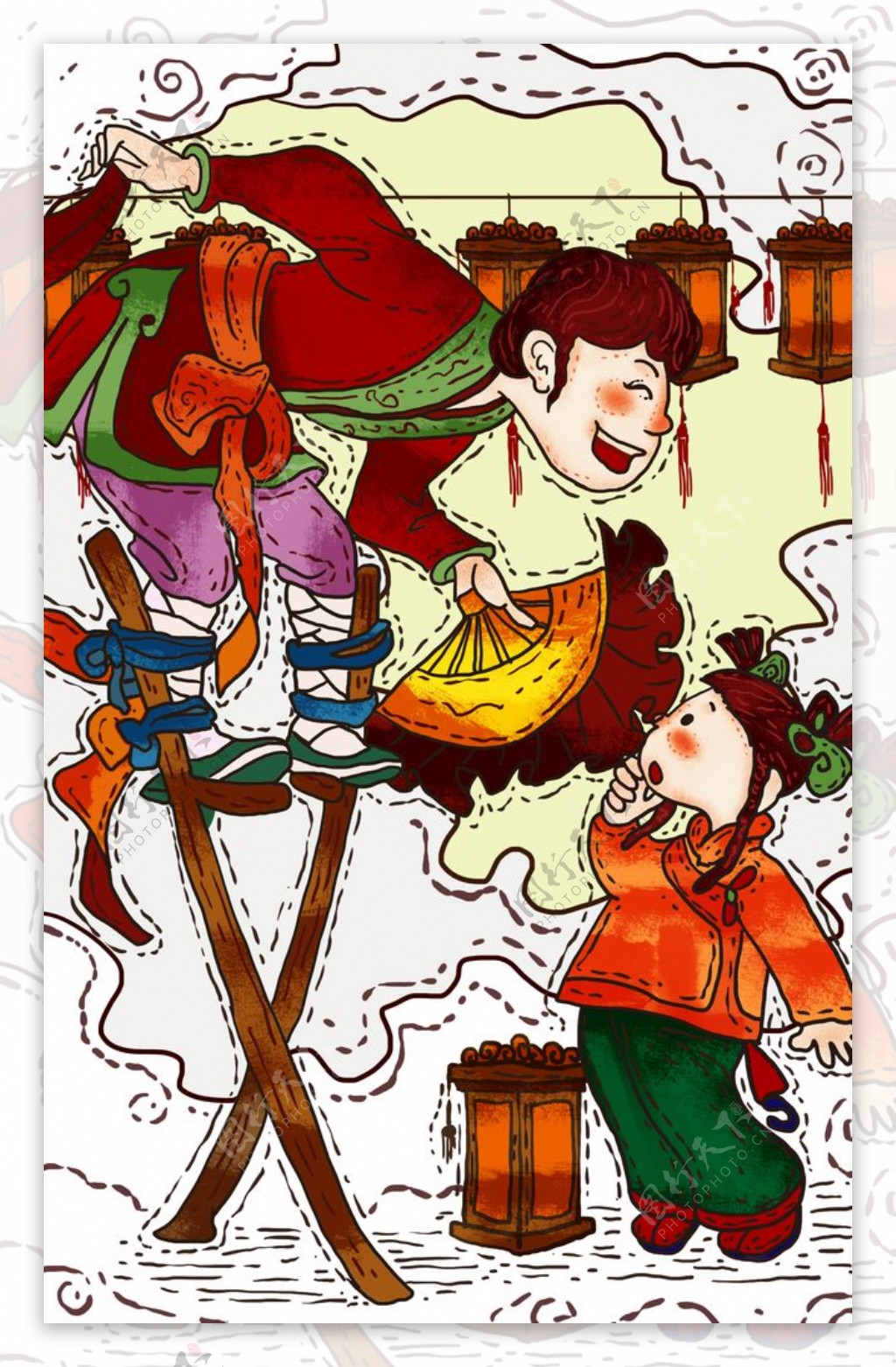 踩高跷传统人物插画背景海报素材图片