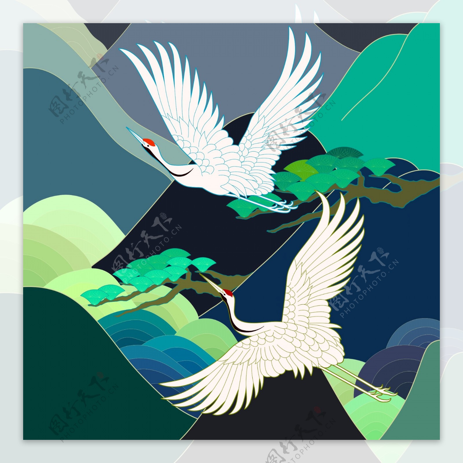 国风插画山鸟图色彩鲜明鹤图片