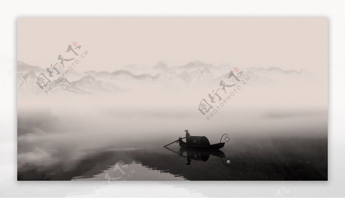 山水湖面黑白简约背景海报素材图片