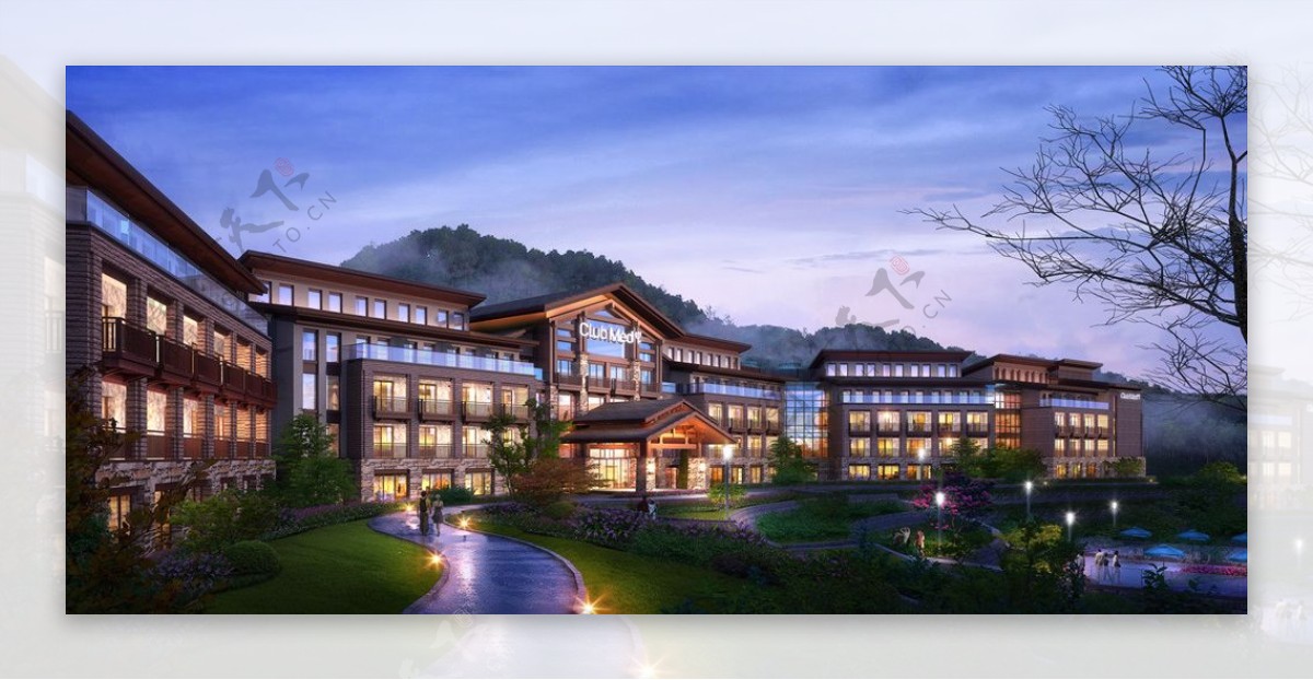 酒店度假村夜景建筑景观效果图图片