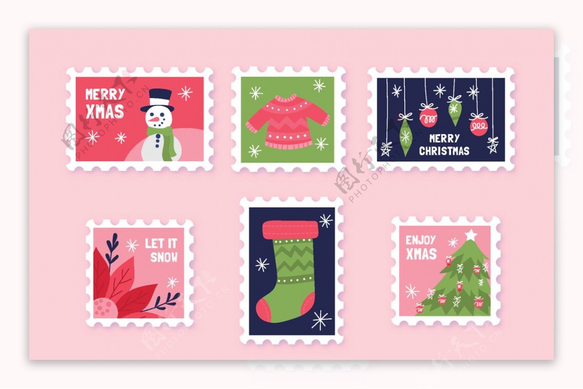 圣诞节卡通邮票矢量素材图片