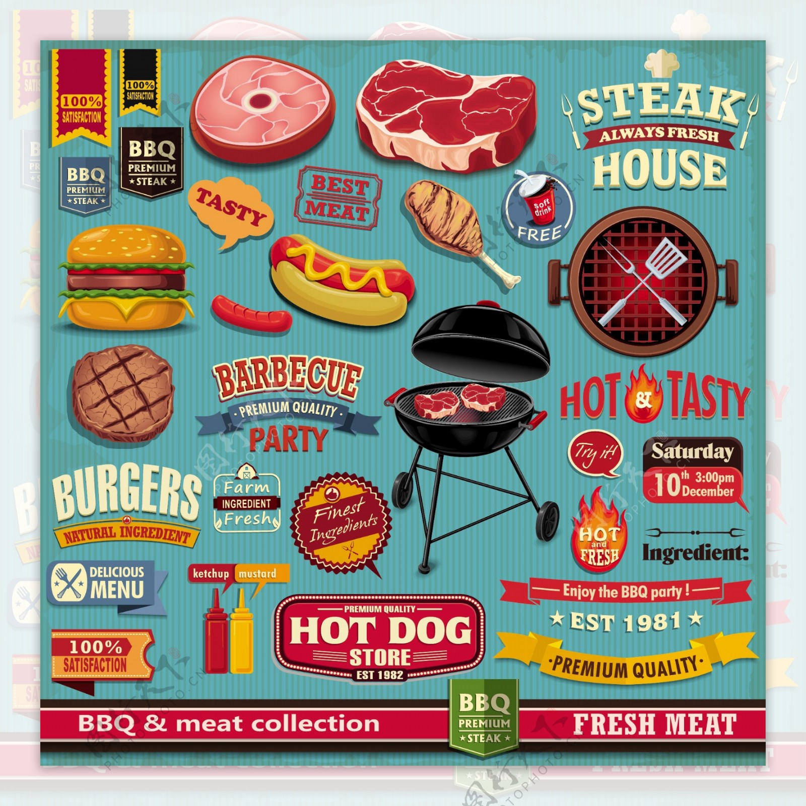 烤肉标签矢量图片