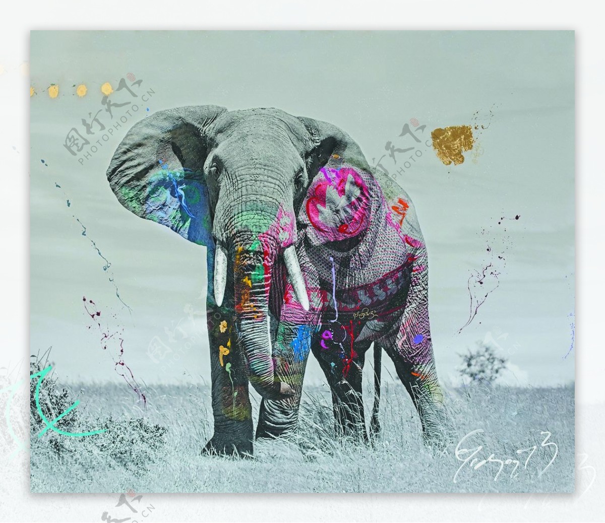 草地上的大象涂鸦画装饰背景图图片