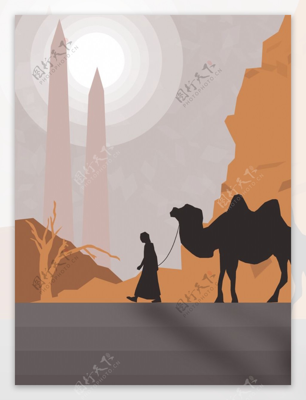 夕阳下拉骆驼的人图片
