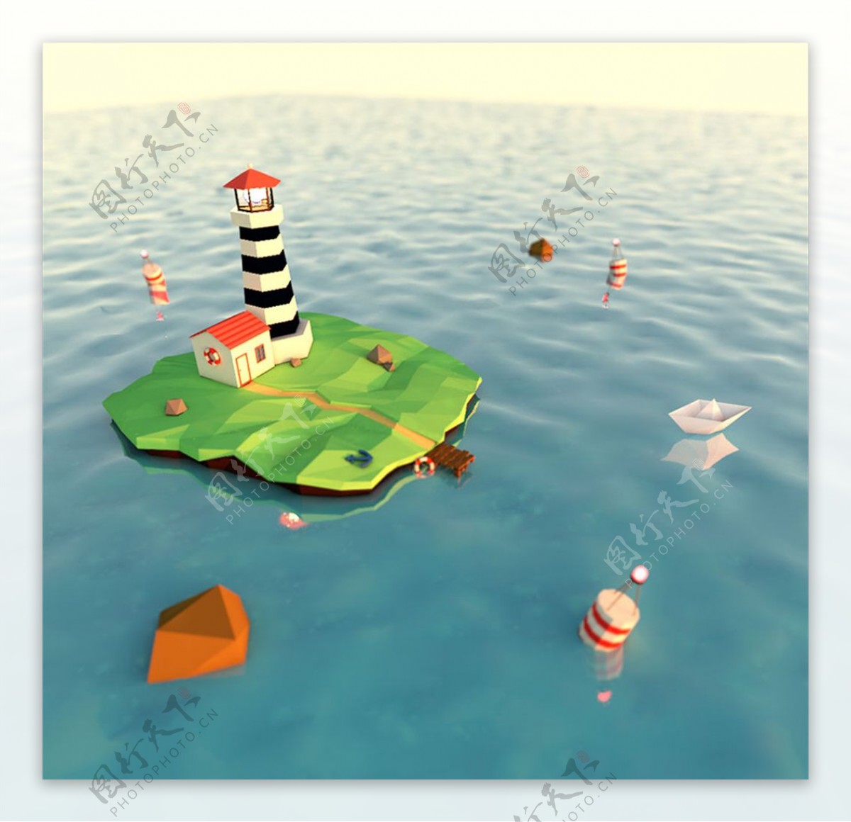 C4D模型海面上的灯塔房子图片