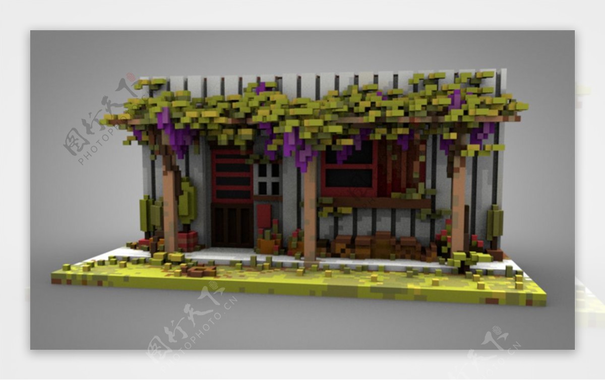 C4D模型长满植物的老房子图片