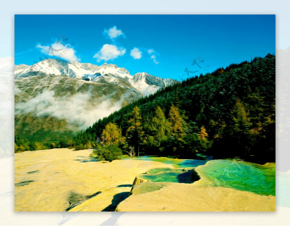 山水温泉风景油画图片